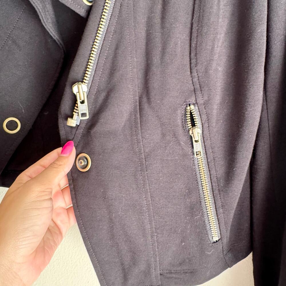Cabi Black + Gold Grommet Ponte Knit Cropped Moto Jacket Small Edgy Punk - Picture 3 of 9